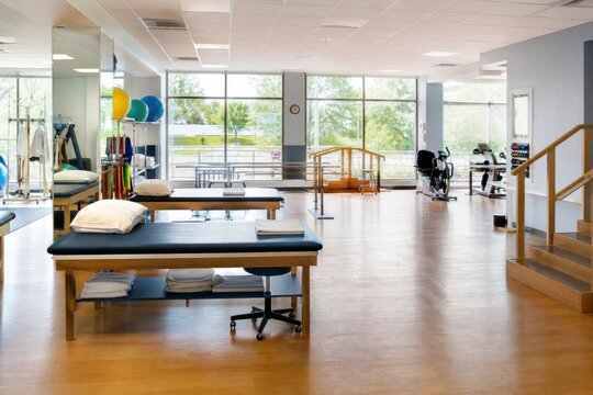 Physical therapy clinic interior with treatment tables, rehabilitation equipment, parallel bars, and large windows overlooking green trees in a bright, modern, and professional healthcare facility.