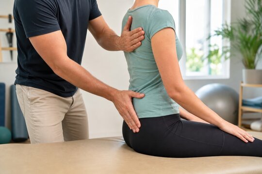 Physiotherapist examining young female patient spine and lower back during rehabilitation therapy session in bright modern wellness clinic