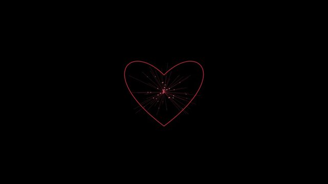 Minimalist red heart outline with pulsing light effect on animation 4k black background, love romance