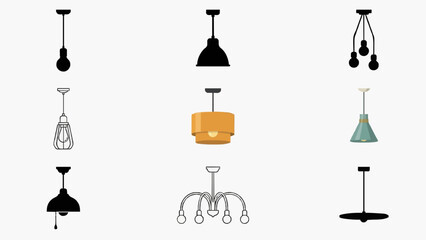 Naklejka premium Modern Ceiling Pendant Light Fixture Collection Vector Icon Set