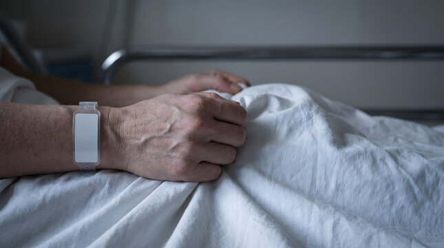 Old person hand resting on white hospital sheet depicting vulnerability medical neglect loneliness and health anxiety