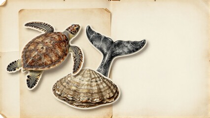 Fototapeta premium Sea turtle, whale tail, and clam on vintage parchment background.