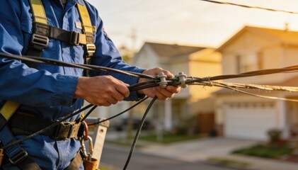 Obraz premium Medium shot of a technician reattaching sagging telecom cables to messenger wires on a quiet neighborhood street with blurred houses in the background emphasizing the focused