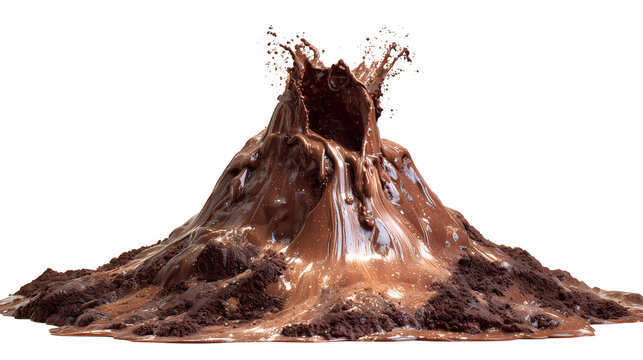 Chocolate volcano exploding with hot fudge splashing upwards on transparent background.
