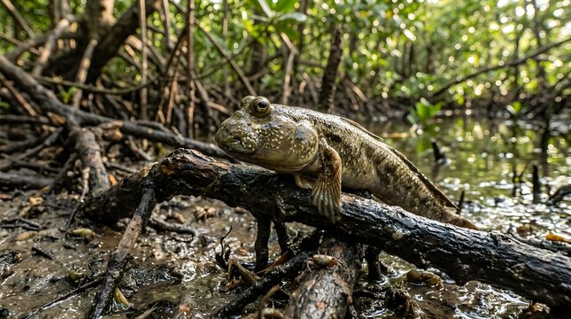 Mudskipper fish resting on a mangrove root in a muddy wetland habitat