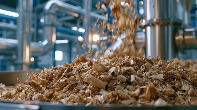 Medium shot of chopped corn stalks cascading into a compact biomass reactor hopper crisp focus on plant material with blurred industrial piping backdrop in a bright processing