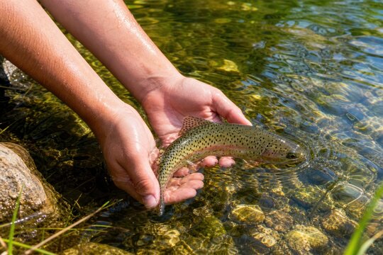Rainbow trout held gently in hands of angler during catch and release in crystal clear mountain river water on sunny day, peaceful outdoor recreation concept