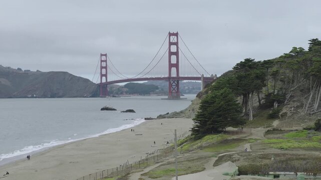 Golden Gate Bridge Both Towers and Bay From Coastal Cliff Overcast, Epic Aerial Shot