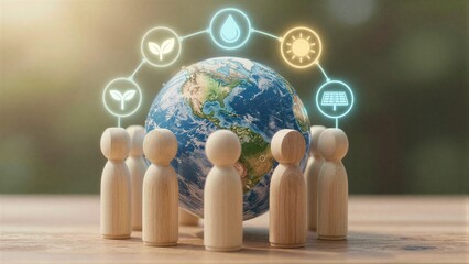 Fototapeta premium Wooden figures surround Earth, symbolizing global unity for sustainability and environmental care.
