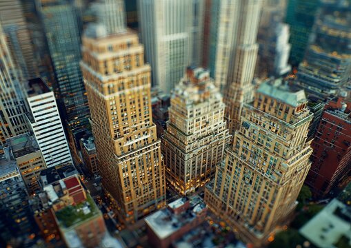 Aerial view of New York City skyscrapers with tilt-shift effect.