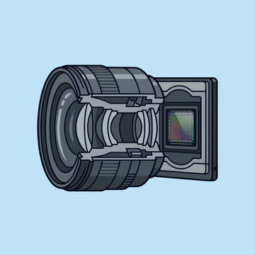 Cross section view of a professional camera lens and sensor