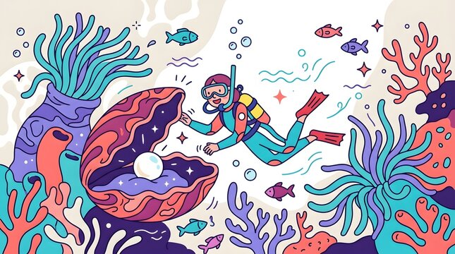 Scuba diver discovering a large shiny pearl inside a giant clam shell surrounded by coral reef