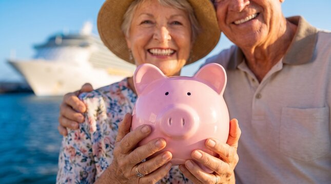  Happy senior couple holding a pink piggy bank with a luxury cruise ship in the background. Retirement savings, travel budget, and pension investment concept