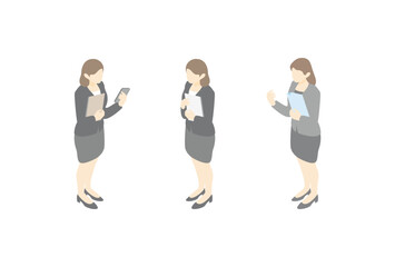 Fototapeta premium Isometric illustration set of businesswomen in suits with various poses