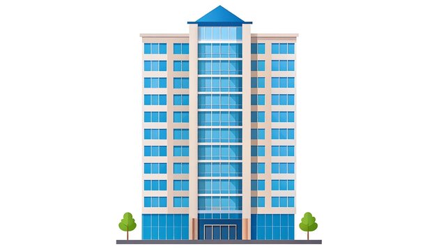 Cartoon-style high-rise building with many windows and a blue-roofed top. Two small trees are present