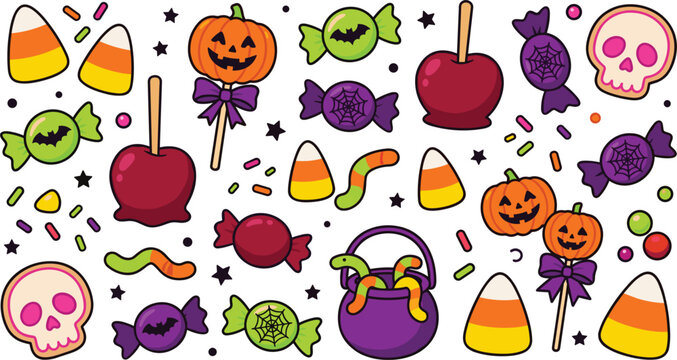 Halloween trick or treat candy vector element set with spooky cartoon pumpkin lollipops candy corn jelly worms toffee apples and skull sweets isolated on white background