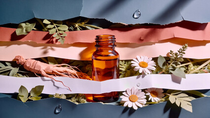 Fototapeta premium Natural organic cosmetics concept with amber glass dropper bottle, chamomile flowers, ginseng root, and green leaves in torn paper layers.