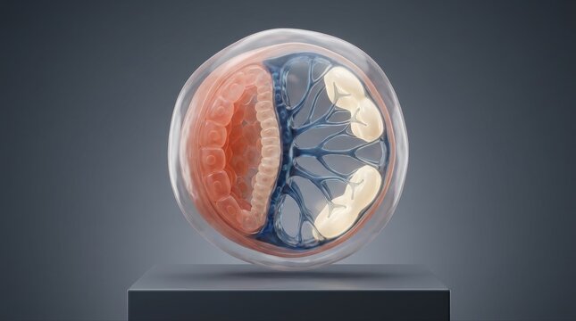 A scientific 3D illustration shows a cross-section of an early human embryo, layered epiblast cells, nascent blood islands, branching mesoderm, and a translucent amniotic sac. Soft coral, blue, and