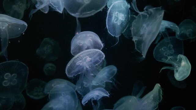 4K Video of moon jellyfish swimming gracefully against a black background.