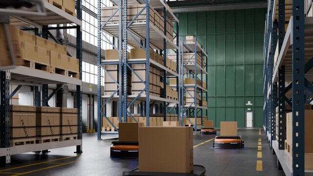 Modern automated warehouse logistics with autonomous mobile robots and delivery drones for smart e-commerce distribution- 3D rendering