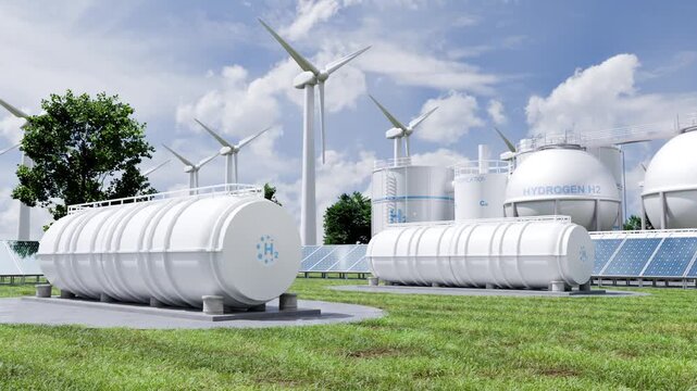 Green hydrogen production plant with wind turbines and solar panels for sustainable renewable energy infrastructure- 3D rendering
