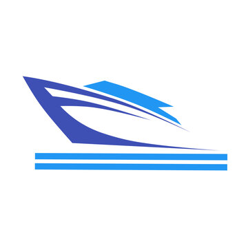 Sleek blue motorboat logo showcasing a dynamic speedboat silhouette riding parallel water waves, perfect for maritime shipping, ocean cruises, or luxury watercraft rental