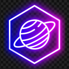 Neon glowing saturn planet icon inside a hexagon frame isolated vector illustration © Brisy Gayen