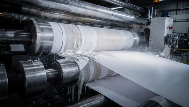 Medium shot capturing highspeed press rolls pressing the paper web with dynamic motion blur emphasizing rapid industrial squeezing and fluid expulsion.