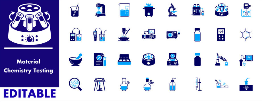 Material chemistry testing icon set. laboratory, equipment, centrifuge, beaker, microscope, autoclave, incubator, ph meter, spectrometer, vial, flask and more editable flat icon.
