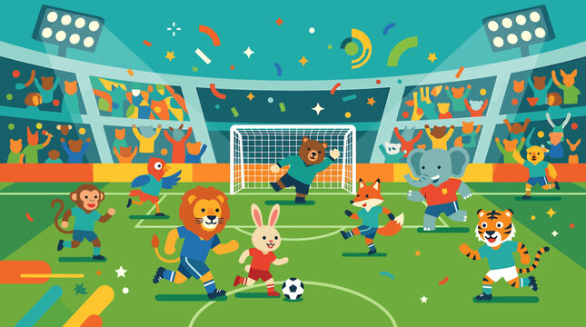 Cute cartoon animals playing a soccer match in a crowded stadium.