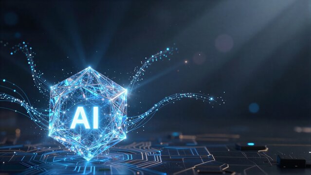Futuristic AI cube glowing with blue energy on a circuit board background.