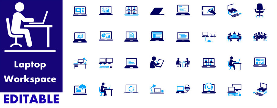 Office laptop workspace icon set. workspace, laptop, computer, employee, workstation, meeting, conference, presentation, coding, analytics and more editable flat icon.