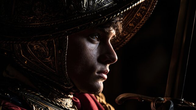 Europe medieval lifestyle. A closeup portrait of a person wearing ornate, darkcolored armor. The armor is intricately designed with gold and silver patterns and textures.