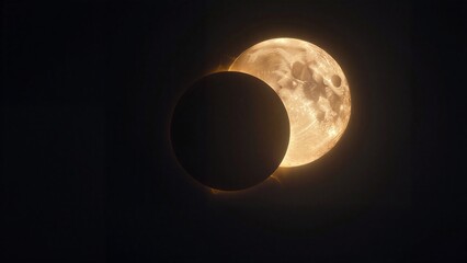 Naklejka premium Golden moon partially eclipsed by dark silhouette against deep black sky.