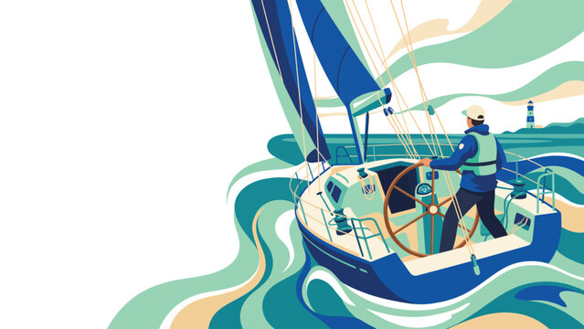 Stylized illustration of a lone sailor navigating a sailboat at sea.