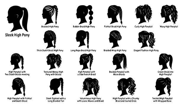 Fashionable Women's High Ponytail Braided Hairstyle Silhouette Vector Set