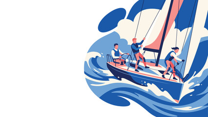 Team Sailing Adventure on Dynamic Ocean Waves Illustration. © Kyle