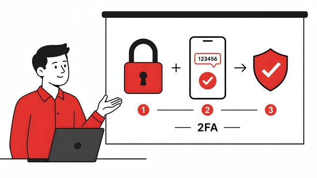 Young businessman presenting two factor authentication cybersecurity steps on screen with laptop