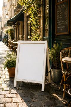 Blank white sign outside paris cafe on cobblestone street