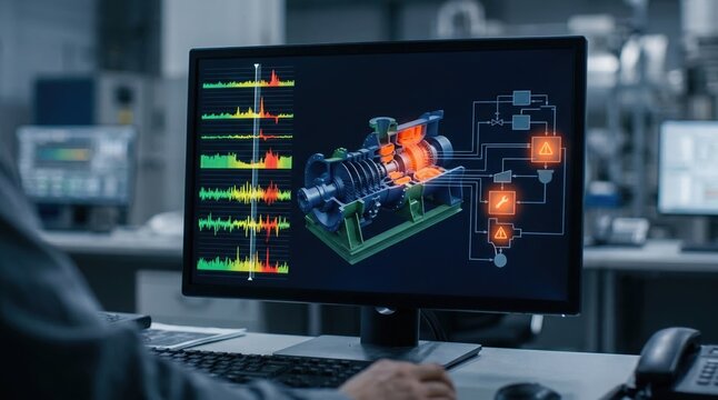 Medium shot capturing a computer screen with realtime anomaly alerts from a digital twin system emphasizing predictive maintenance and proactive equipment management.