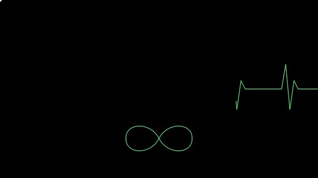 Ekg heartbeat monitor line with infinity symbol loop animation on 4k black background, heart rate pulse