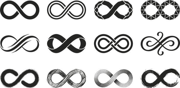 Infinity Symbol Black Silhouette Icon Set with Low Poly Geometric Calligraphy Flourish and Grunge Textured Elements for Creative Branding and Modern Tattoo Designs