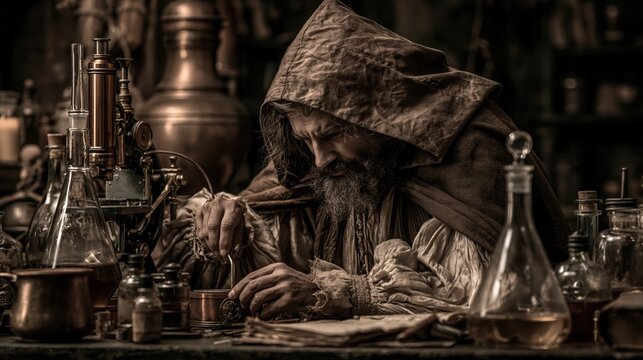 Europe medieval lifestyle. A detailed, sepiatoned photograph depicts an elderly man with a long beard, wearing a hooded cloak, intently examining a copper pot.