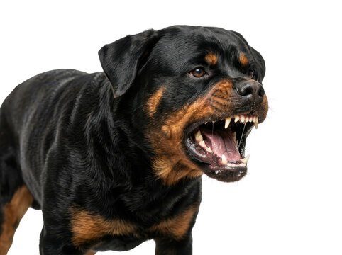An aggressive rottweiler dog baring its teeth and growling, captured in a close-up studio shot with a white background, conveying a fierce and intimidating mood.