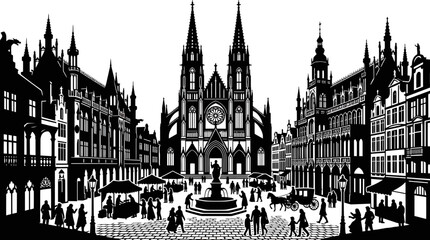 Ornate Gothic Cathedral Square with People and Horse Carriage - Black and White Illustration © aa