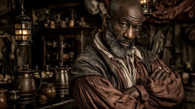 Europe medieval lifestyle. A detailed portrait of an elderly man with a full beard and mustache, set against a rustic wooden background. He wears a brown leather jacket with a white shirt underneath.