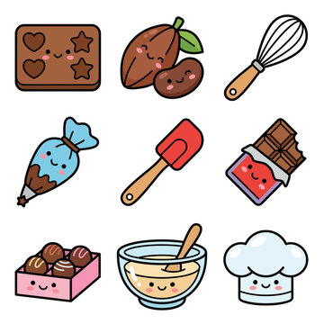 Colorful cartoon baking icons set.