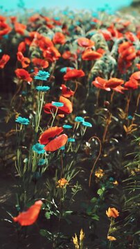 A field is filled with vibrant flowers of various colors. Poppies and daisies bloom under the clear blue sky. Green leaves surround the colorful plants as they sway gently in the breeze.
