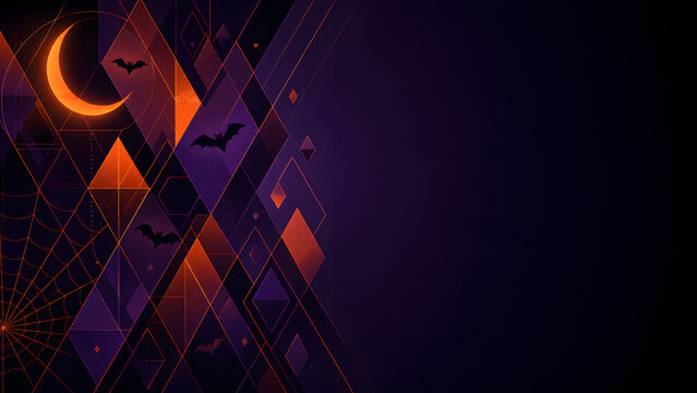 Abstract Halloween geometric background with crescent moon and bats