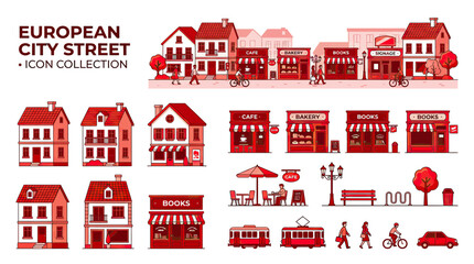 European City Street Icons Collection: Buildings, Shops, Transport, People © aa